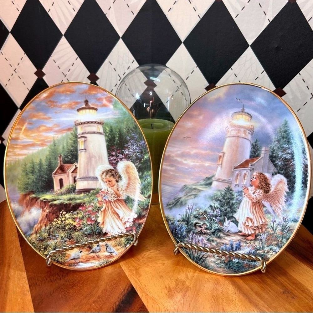 Vintage Angel Lighthouse Porcelain Oval Plates Pair Gelsinger Bradford Exchange